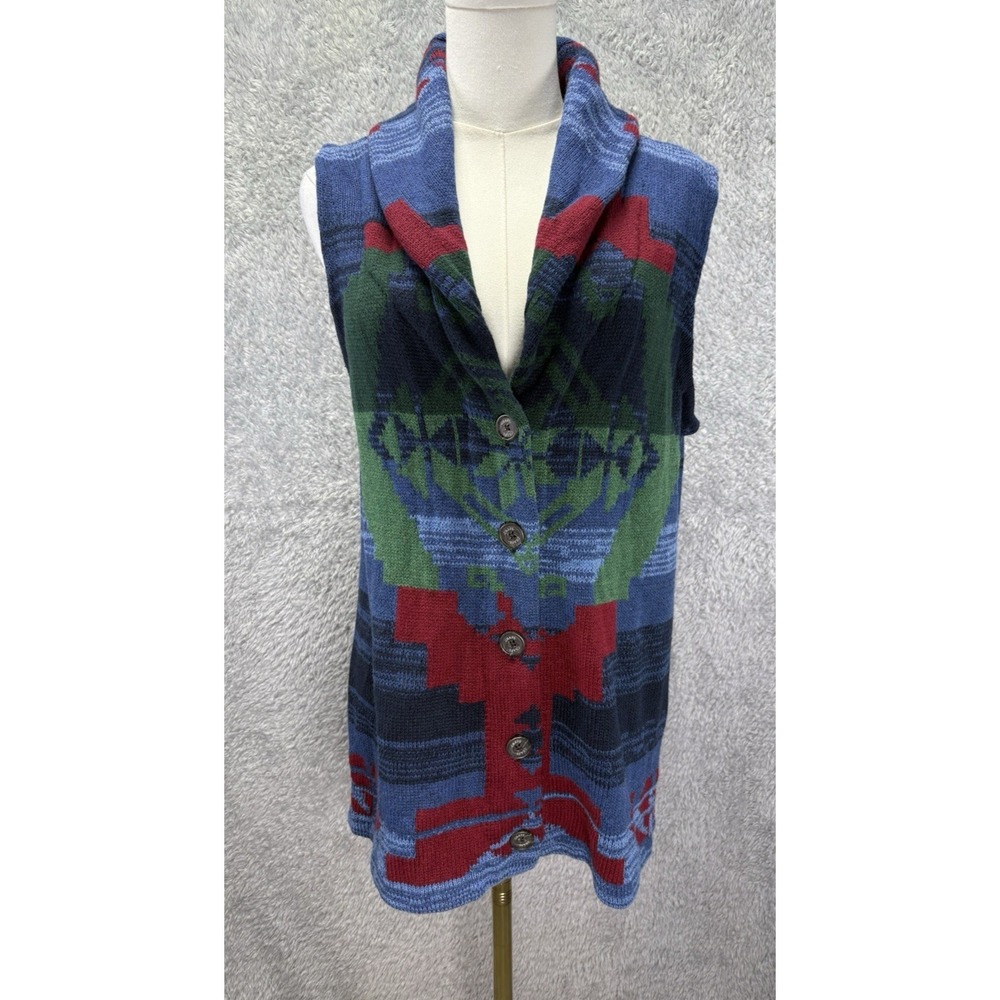 Chaps Womens L Knit Sweater Vest Cardigan Multicolor Aztec Southwestern Boho